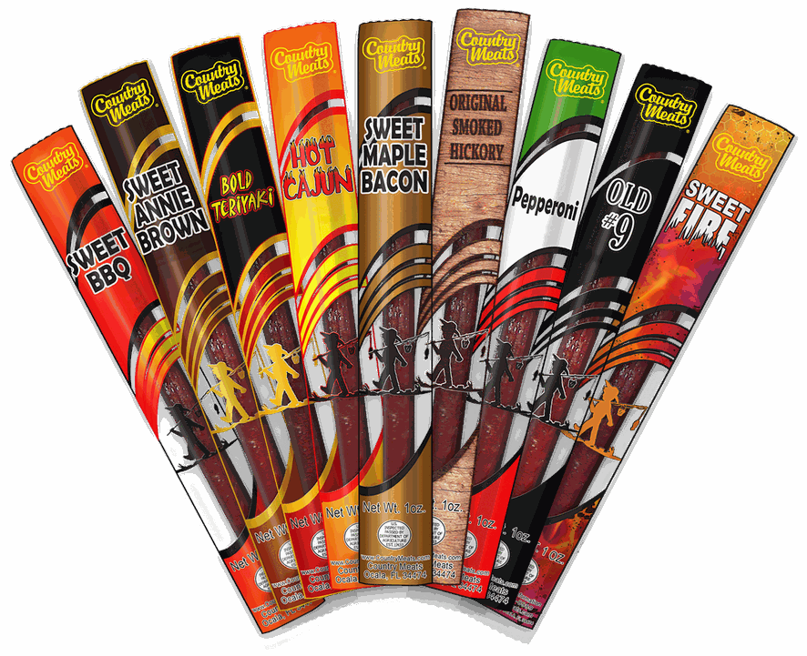 A fan of all 9 Country Meats snack stick flavors, one of each in every sample pack